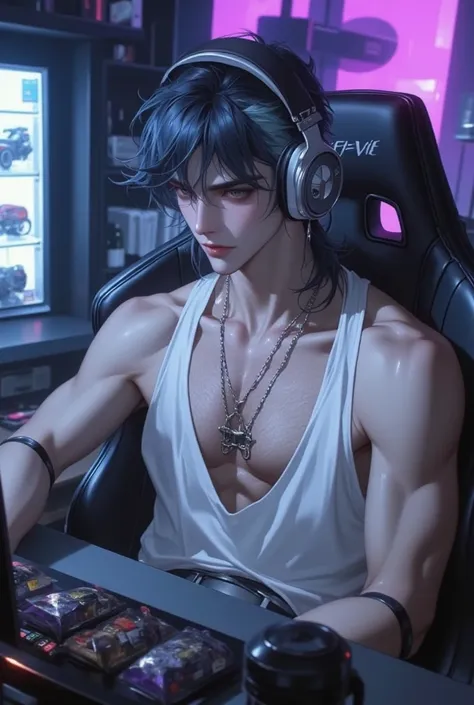 A handsome young streamer is live streaming in front of his expensive gaming computer set. He is wearing only a white wide-necked tank top, revealing his strong and sexy muscles. He has dark blue hair with light blue highlights at the ends, and a mullet ha...