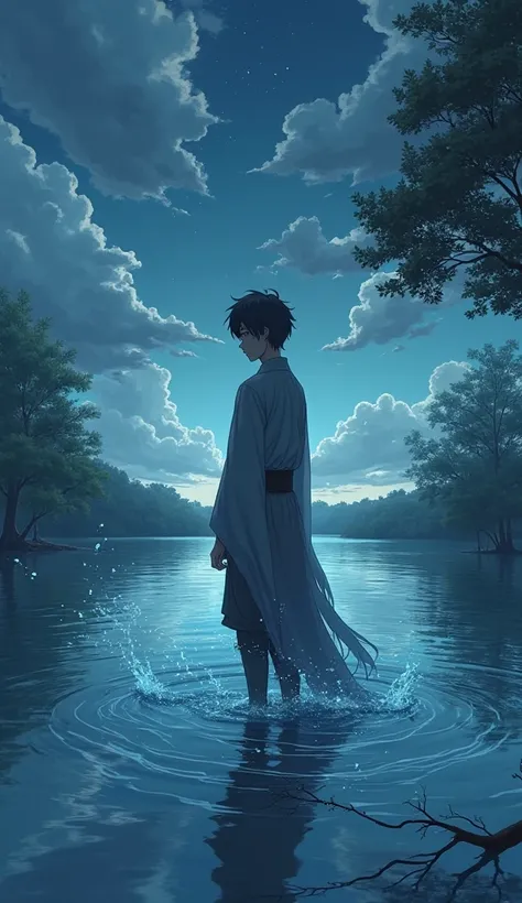 Anime broken hero with a mesmerizing background of water with cool and quiet skies he's sad, but does not show it, He looks up at the sky, and the water follows him more realistically at night 