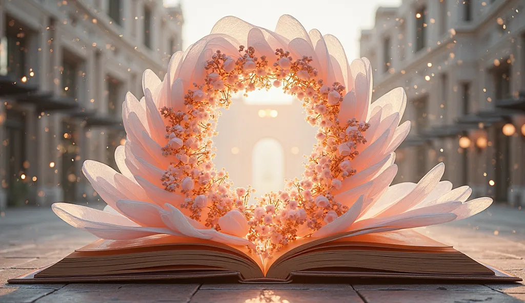 flower device that opens a giant book， floats in the air，flower spirals high up from the inside of the book，white peony and light pink champagne rose dense glass surface，swirling flowers flow down the top，bottom layer light brown dried flower precipitation...