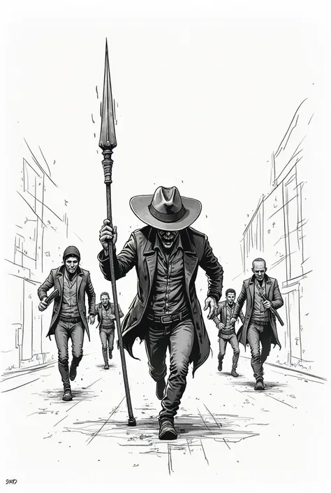 Hand-drawn illustration style, The Deathslinger from Dead by Daylight being chased by 4 survivors. Cartoon art style, sketch-like linework, ink drawing style. The Deathslinger running away in panic while looking back, wearing cowboy hat and coat with spear...