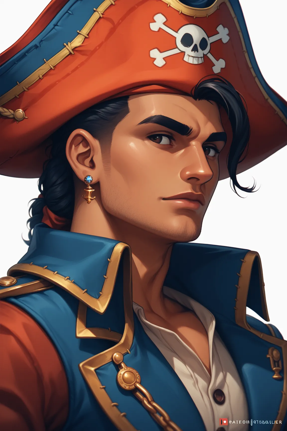 solo, male, slicked back black hair, pirate hat, Pirate Crewmate, Swashbuckler, viewer seeing side view, dark skin tone, Rugged look, simple white background, 