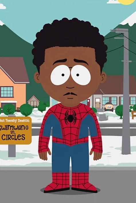 Create a South Park jumpsuit with a Spiderman costume but without a mask with curly hair up to the forehead with a dark skin tone but not so dark and with South Park Houses in the background and a sign next to it that says “swimming in circles” 