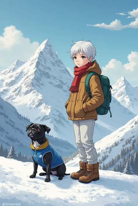 I'm standing on a mountain with my dog, I have short-haired white hair, green galazas height 175cm,  broad shoulders,  brown jacket,  white pants ,  brown shoes . My dog is a French bulldog knot, black white stripe on my chest is short, Wearing a blue jack...