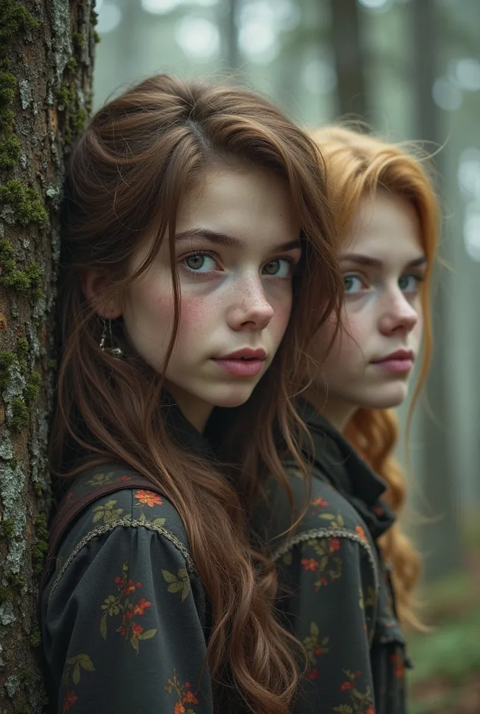 a couple of a beautiful girl who lives in the woods, And a hunter, THE GIRL HAS BROWN HAIR, pale skin, green eyes, friendly and beautiful and unique charm,  While the hunter is blond, white skin,  purple eyes, cold and calculating and tall