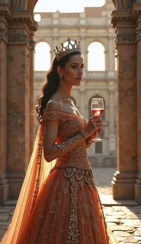 "A glamorous queen in an elegant gown with intricate details, holding a glass of fine wine, standing near the Colosseum in Rome."
