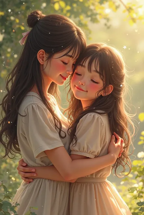 Create a image of two sister showing love and affection to each other and very beautiful both