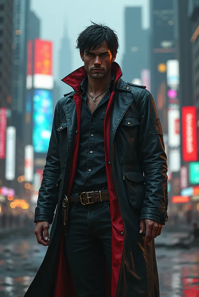 Cyberpunk Caucasian  cowboy with black short hair no cowboy hat with black duster with red interior