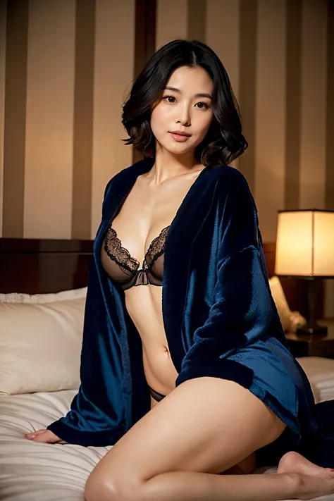 "A seductive 35-year-old Japanese woman with short, sleek black hair and a playful, teasing gaze, lounging on a luxurious bed in her softly lit bedroom. She wears a plush, open bathrobe that lightly drapes over her shoulders, revealing delicate lace linger...