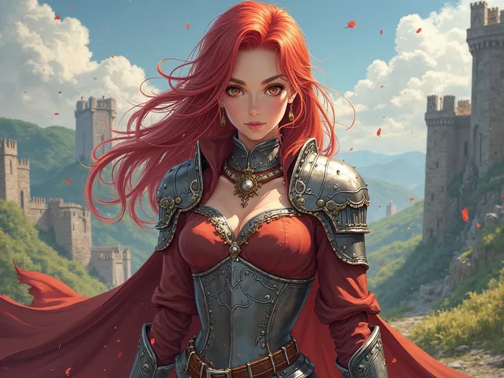 Face warrior woman red hair realistic medieval anime style 