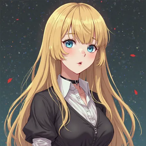 A young vampire with long blond hair with a fringe on her side,  blue eyes and white skin , Appearance of a 21 year old woman,  average build, retro clothing in anime style Hilario, IN SEMIREALISTIC ANIME STYLE