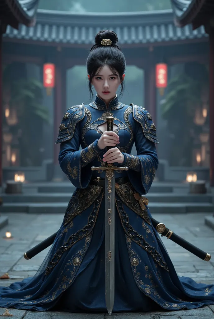 A battle scene in which a female ninja lands、Place one hand on the floor and hold the wuxia long sword horizontally in front of your face.、Intricate chain mail that fits the body perfectly、Serious Eyes、Low fighting stance、surrounded by the emperor enemies,...