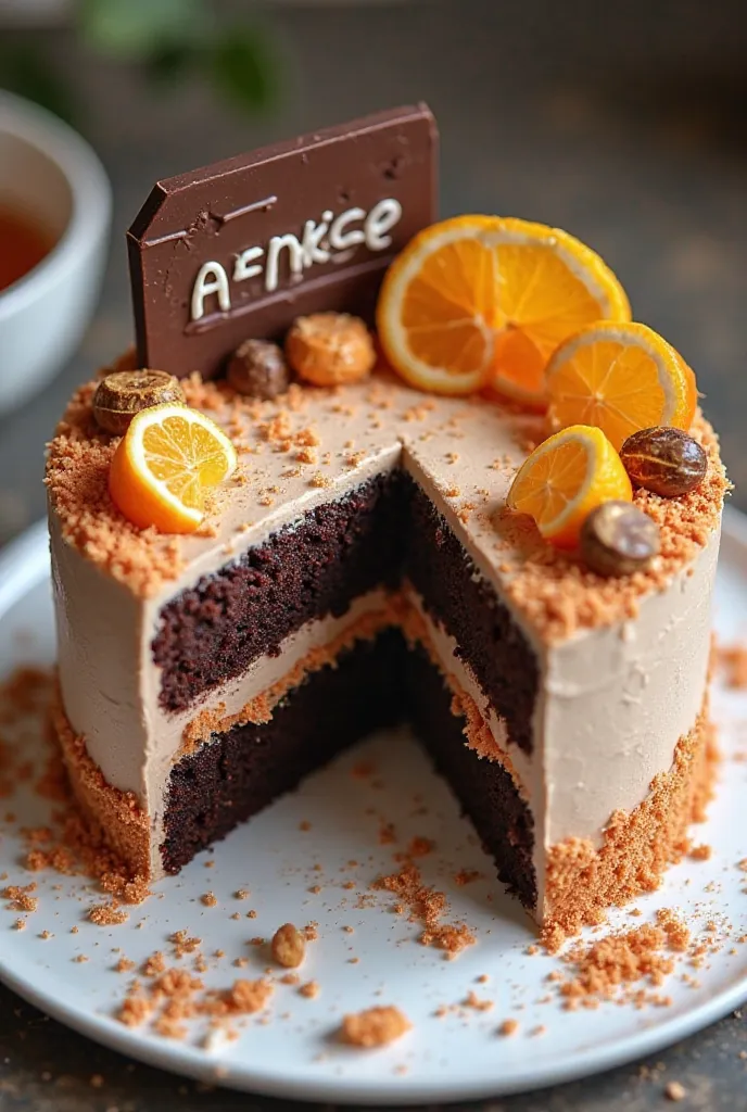 A single tear cake, double layers. A moist chocolate sponge cake with rasberry filling, covered in light pale brown buttercream and brown and orange icing details with dried orange and lemon slices and some honey on one side with a chocolate sign saying “c...