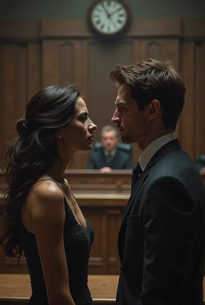 courtroom .Both love and vengeful looks.Female and male model.Woman with dark brown hair.male brunette.