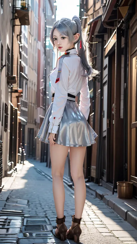 Full Body Image,fullbody,high resolution,Highest quality,Beauty,Elf,A girl is standing facing the front,Body facing forward,forward, petite girl,Her hair color is silver., skirt,Don't face your face and pose, clear eyes and nose,realistic pictures,twin tai...