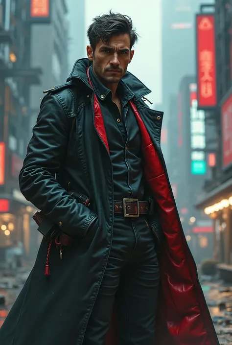 Cyberpunk Caucasian  cowboy with black short hair no cowboy hat with black duster with red interior