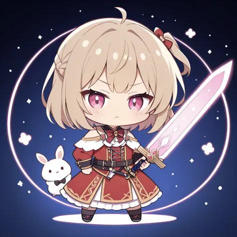 Chibi character: 1.2, light beige short bob, one side up partially braided hairstyle, one beautiful girl, thin face, thin eyes, pink eyes, chibi character, very grumpy expression, dressed like a white rabbit: 1.2, ((This Japanese anime style chibi characte...