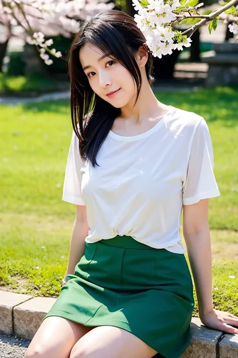 「A 35 year old cute Japanese woman。has dark hair up to her shoulders blowing in the wind、Has a slightly sexy expression on her face。She has small breasts、Wears a white T-shirt and miniskirt casually。I can see my underpants a little bit and I'm embarrassed。...