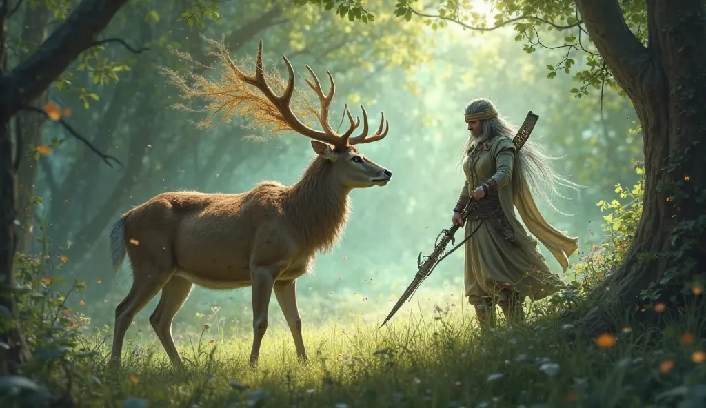 Prompt: The deer, startled, looking up with wide eyes, as the hunter hesitates. A mystical breeze swirls around her, hinting at divine intervention.