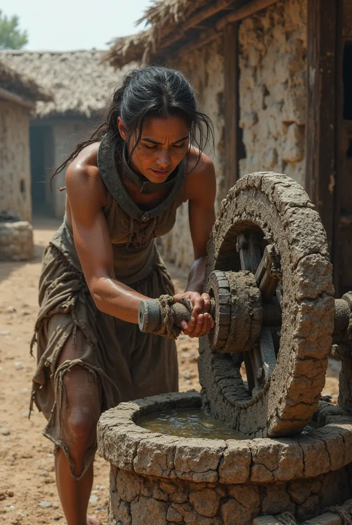 a young woman in hard labor, wearing a slave steel collar, pushing the lever of a medieval horizontal stone grindmill, in a yard