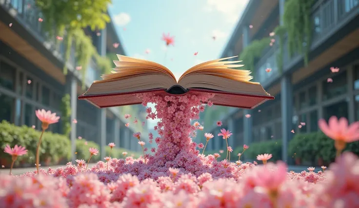 A giant book floating in the air，The flowers are flowing down，Form a guiding visual line similar to a river， school environment ，Pink and white flowers cover the book