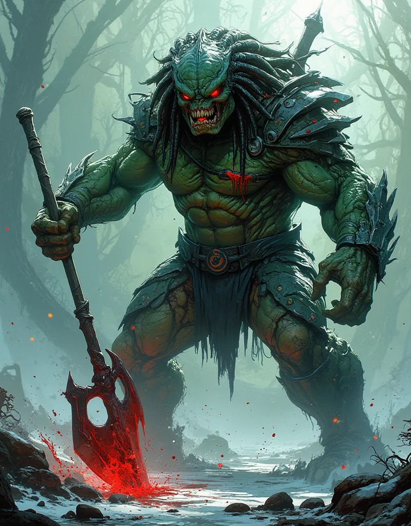 A character fusion between Hulk and Predator, Clutched in his right hand is a menacing, blood-drenched long battle axe that gleams ominously in the pale winter light, cover art in the style of a rattrap Sci-fi fantasy magnetite, surrealism, deep shadows, d...