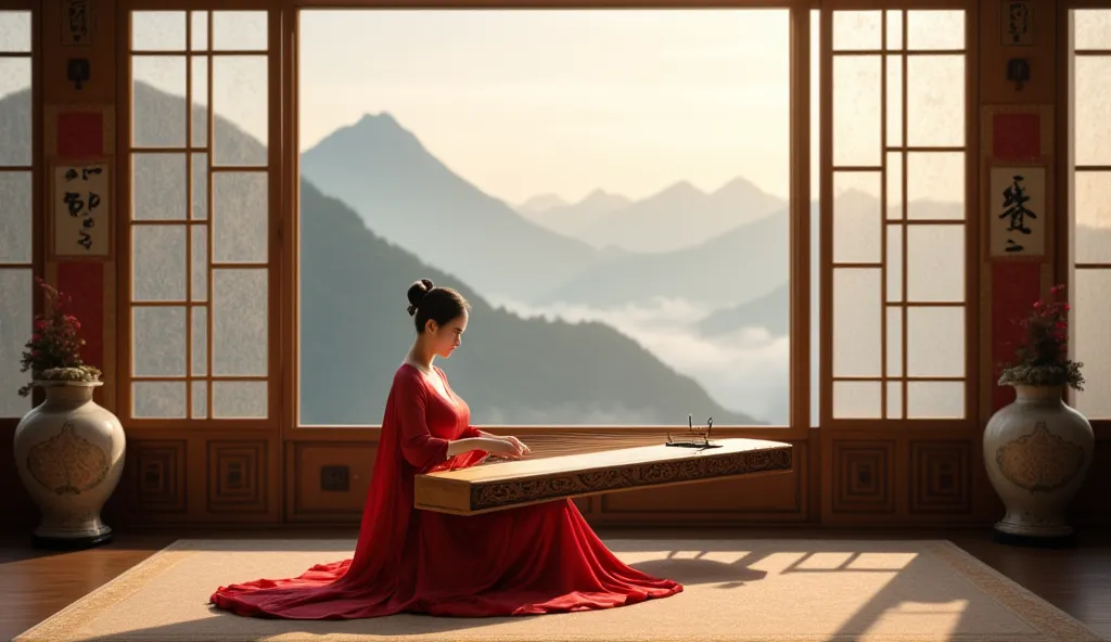 "Create an image of a graceful woman in a red dress playing a guzheng indoors with a mountain view."