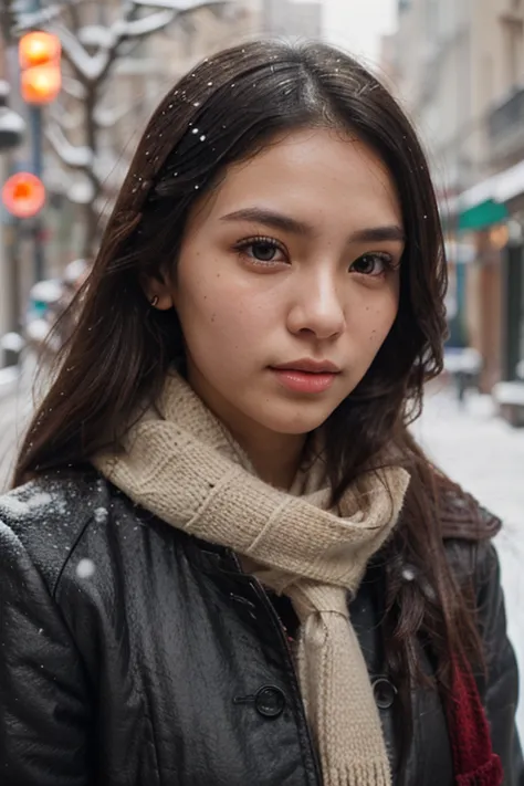 The most beautiful, cute, and proportional face feature (according to most of the men) chinese descendant girl probably age around 22 years age, with flawless skin just a little bit almost transparent scar at left cheek. Make it realistic photography style...