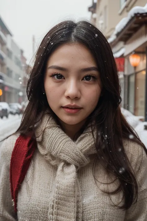 The most beautiful, cute, and proportional face feature (according to most of the men) chinese descendant girl probably age around 22 years age, with flawless skin just a little bit almost transparent scar at left cheek. Make it realistic photography style...