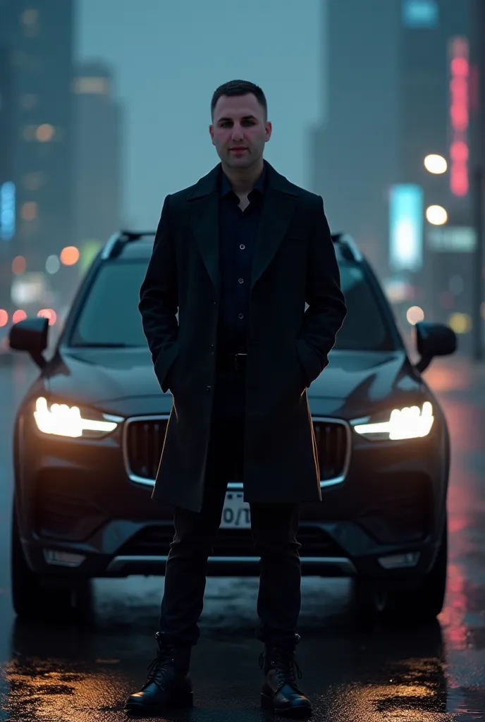 A full-body portrait of a young web developer with a very short haircut (buzz cut) and an average build, standing in front of a black SUV with a futuristic night city skyline in the background. He is wearing a stylish dark overcoat over a suit, with his ha...