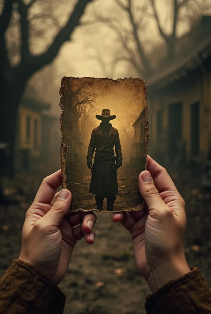 
A pair of realistic human hands holding an old, slightly worn photograph. The photograph features a mysterious cowboy standing in a Western setting, wearing a wide-brimmed hat and rugged clothing. The background of the scene is dark, eerie, and slightly b...