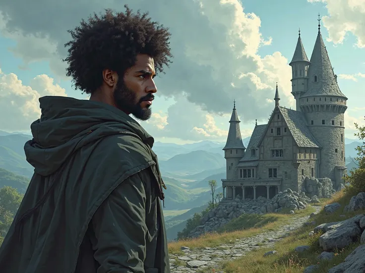 Face man General Afro curly haired hooded looking at destroyed house in a realistic medieval anime-style kingdom 