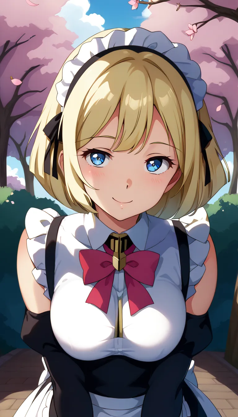  Saila Mass（Gundam）、 Gold、golden hair、 short hair 、Blue eyes、blue eyes、 black and white ruffle maid outfit 、 neat maid clothes、 Beautiful Maid Outfit 、spring、Cherry blossoms in full bloom at the park、Very very very big breasts（Big Breasts：9.9）、Lots of beau...