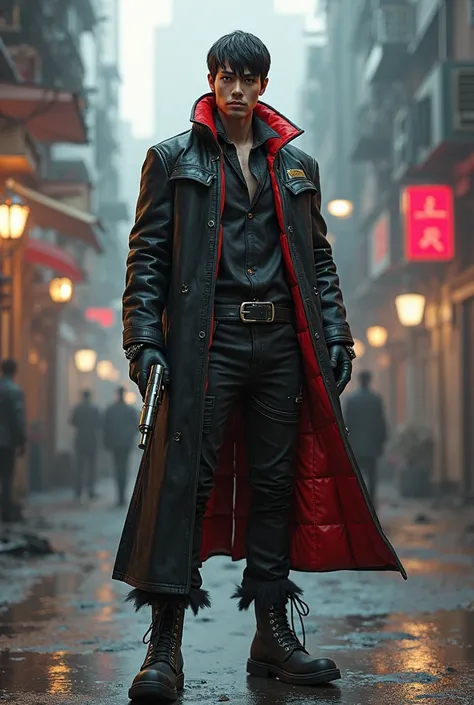 Cyberpunk Caucasian  cowboy with black short hair no cowboy hat with black duster with red interior with revolver 