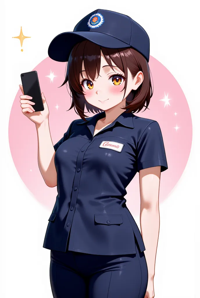 A cute cartoon style illustration of a brown-haired girl, wearing a dark blue short-sleeved uniform, dark blue slacks and a dark blue cap as her highlights. She has a cheerful expression, big round eyes, and a wide smile. She holds a black smartphone in on...