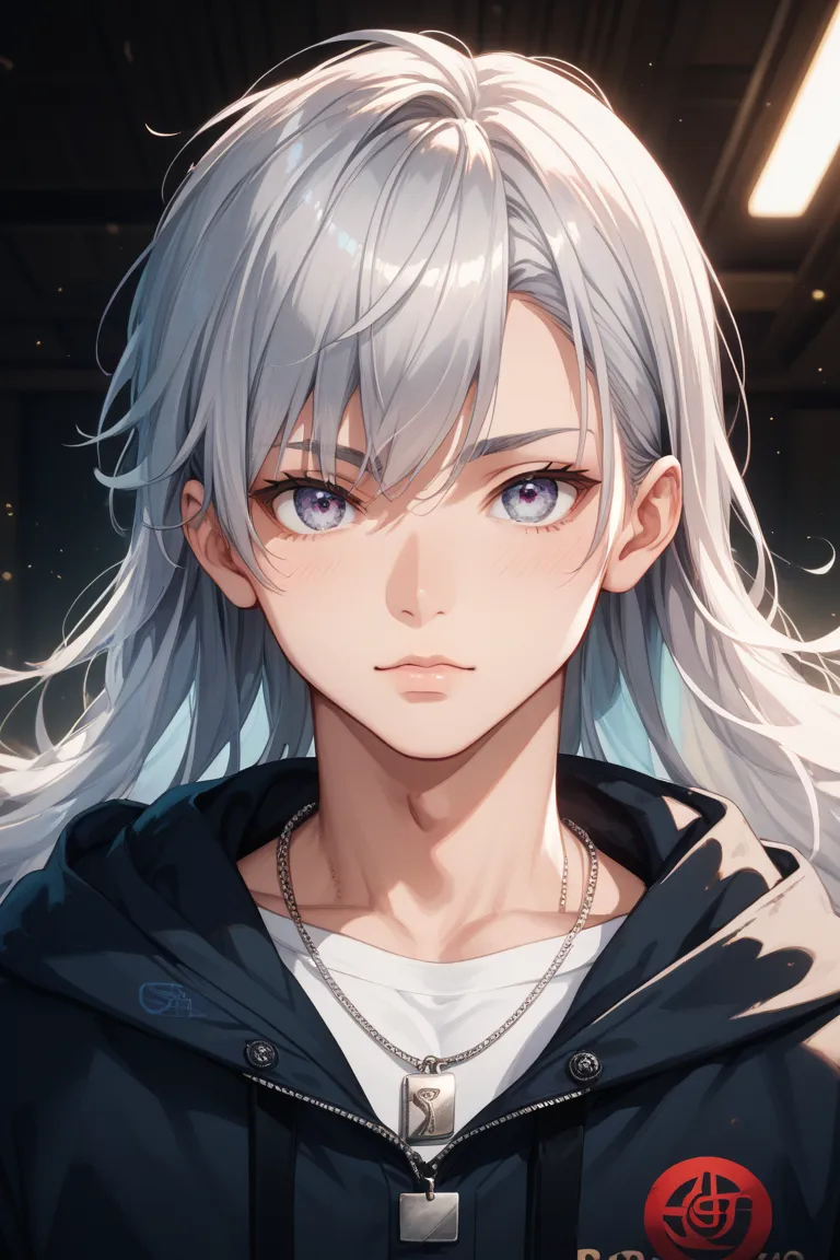 Handsome guy with saggy eyes turning around。Long silver hair。Japanese anime illustration style。