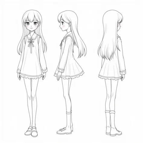 Character sheet, orthographic front, side, and back views, line art, girl