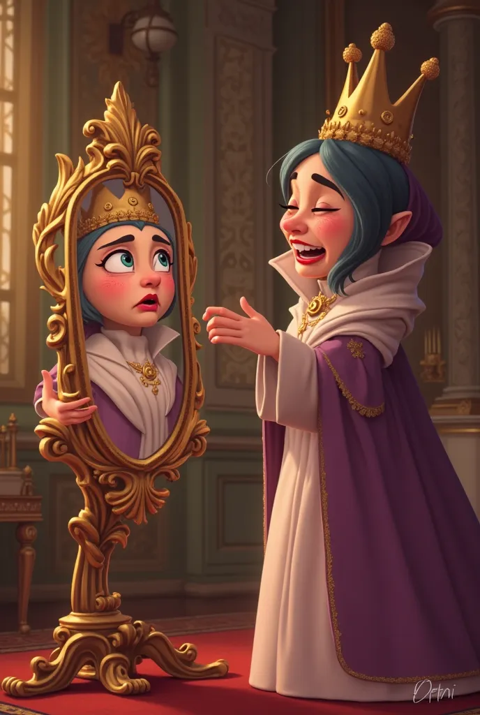 The Surprise Mirror Trick**  poppy held up a mirror in front of the grumpy queen.  
The grumpy queen saw her own **grumpy face** staring back at her… and suddenly, she **burst out laughing 