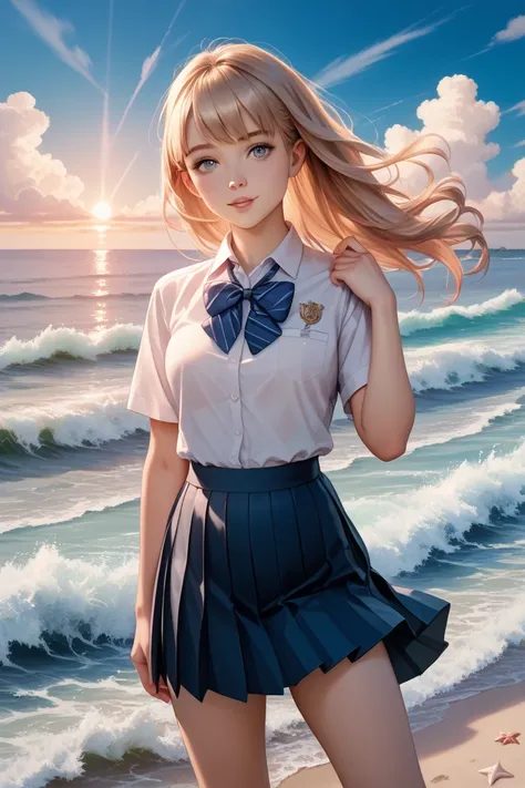 collared shirt,, pleated skirt, school uniform, bow rating_explicit pussy juice back shot beach