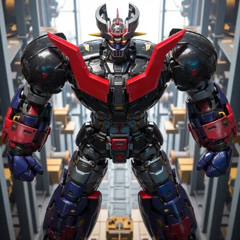  Modified Mazinger Z ,  stands 100 meters high ahead .  steel ,   Carbon Fiber  ,   Other industrial elements are also visible  ,  Just like the real thing  ,   I'm standing ahead at the height of a high-rise tower where high-voltage current flows and emit...