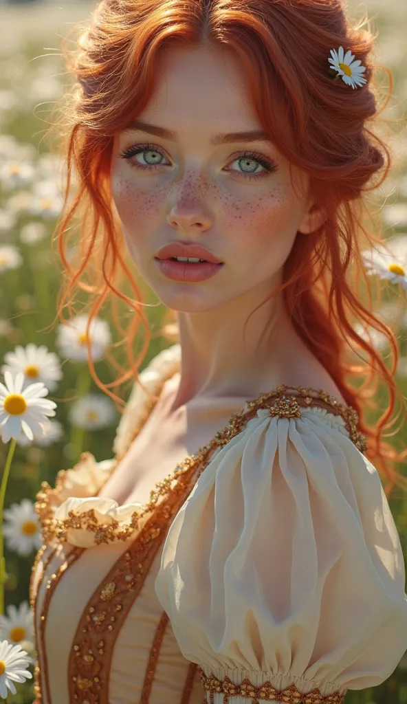 A realistic portrait of a 30-year-old woman with red hair in soft waves and a small, pretty daisy in her hair, with big blue eyes and freckles on the cheeks and nose, gentle look at the viewer, open lips ,  small nose , she wears a princess dress with a cr...