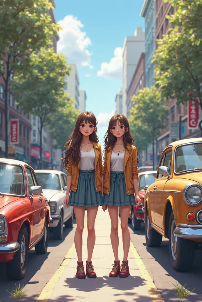 Create an image of a street having car parking in Street and two sister standing and waiting for bus beautiful sisters