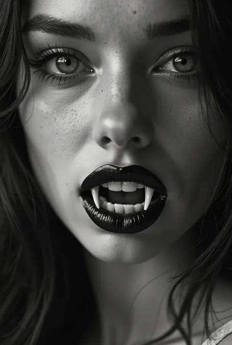 A close-up, black-and-white image of a cute girl slightly open mouth, showing sharp, pointed, vampire-like fangs among their regular teeth. The lips are slightly parted, and the texture of the skin and lips is clearly visible, creating a dramatic and eerie...