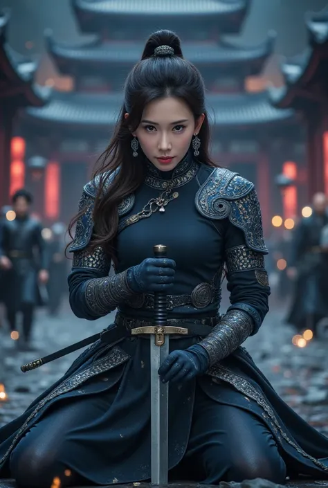 A battle scene in which a female ninja lands、Place one hand on the floor and hold the wuxia long sword horizontally in front of your face.、Intricate chain mail that fits the body perfectly、Serious Eyes、Low fighting stance、surrounded by the emperor enemies,...