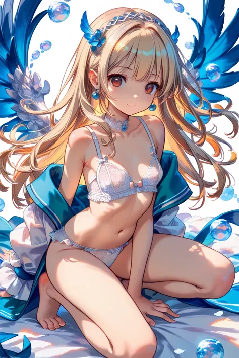 anime style、looking at the camera、full body、
1 girl、、
white panties、 white bra、
masterpiece、Highest quality、
 Light Blonde、 white mesh、half up、long hair、brown eyes、Droopy eyes、
smile、
 small tits、(Petite:1.8),standard、Fair skin、
 expressionless、raises both...