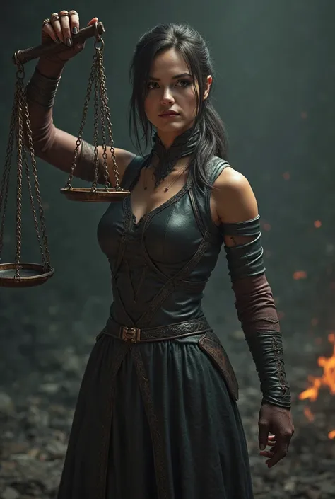 An image of a half body woman facing in front wearing a hunger games outfit and holding a justice scale using her right arm