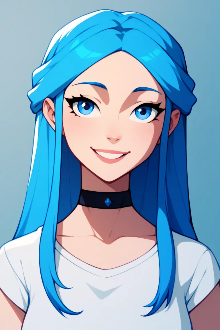 The_bt,1girl,solo,blue hair,long hair,blue eyes,white shirt,choker,smile