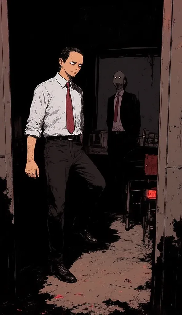 The scene shows Roberto stepping away from the desk with a confident posture and an enigmatic smile. Dr. Lucas is in the background, appearing paralyzed with a look of despair as he watches Roberto leave. The dim light of the office casts long, distorted s...