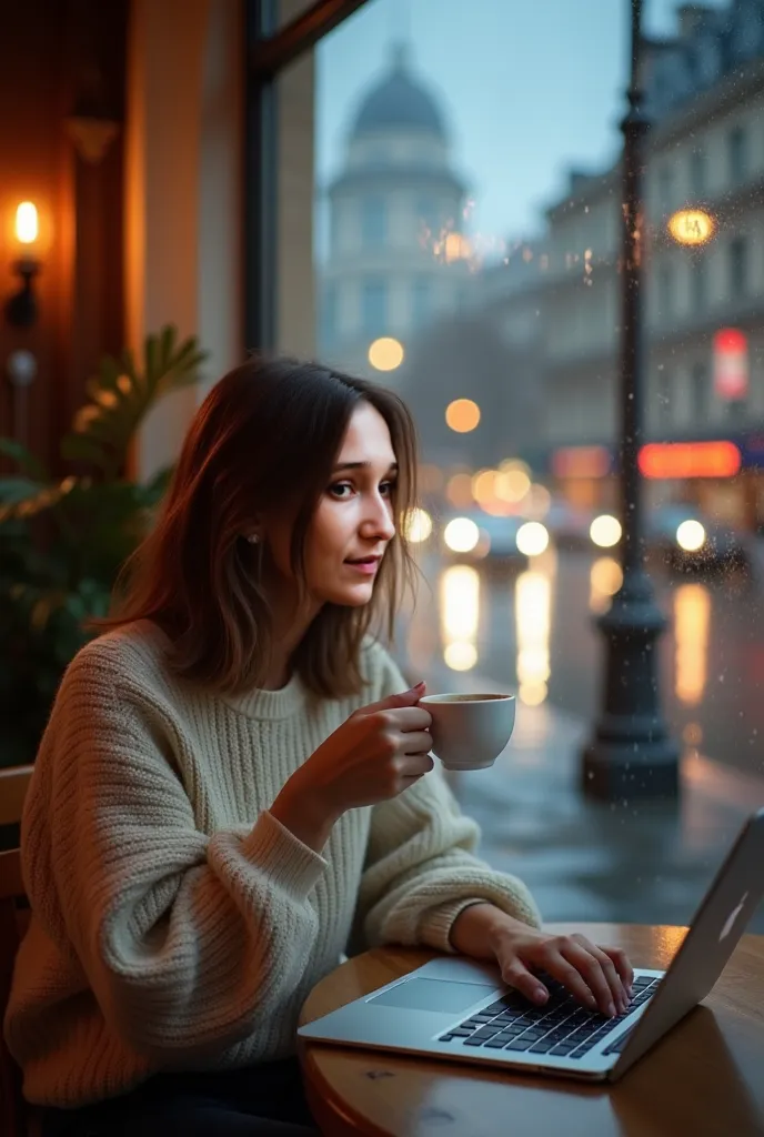 A young female writer with shoulder-length hair and an average build, sitting at a cozy café near a window, typing on a laptop while holding a cup of coffee. She wears a stylish oversized sweater, a thoughtful expression on her face as she gazes outside at...