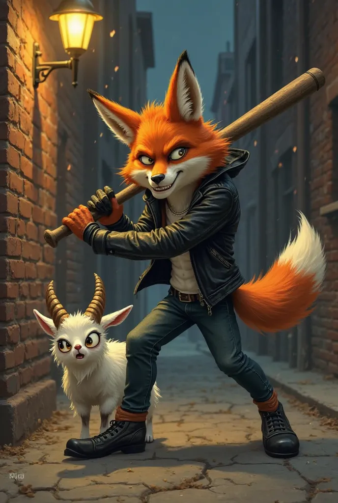 A fierce anthropomorphic orange fox with sharp eyes and a mischievous grin is mid-swing, striking a small white goat with a wooden baseball bat. The fox wears a black leather jacket, dark jeans, and fingerless gloves, emphasizing his rebellious nature. His...