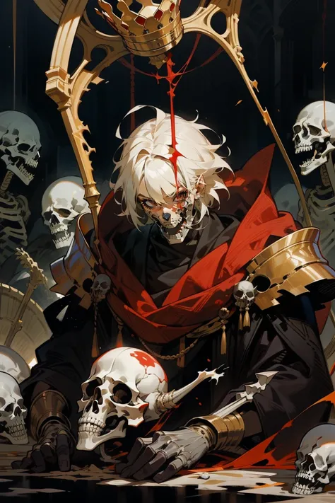  Male,Has ,Crown,,whiskersสีขาว,half a bone,10000years, casting, short hair ,The King,Skeleton,shadow, white hair, Bright Red Eyes ,whiskers,Gold Armor,Shattered cover, string,dark background,Dark tones, Terrible